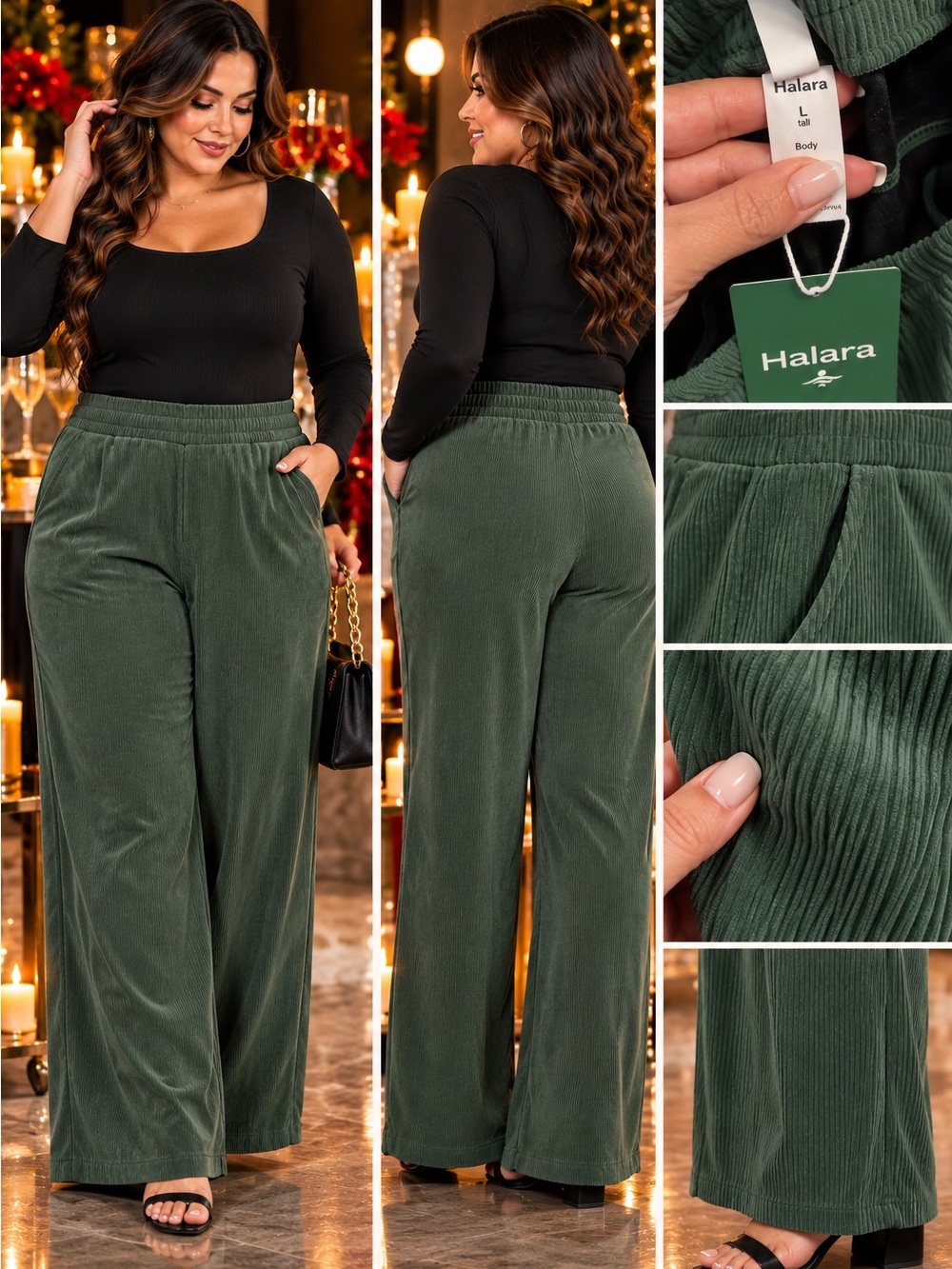 HALARA Olive Green Wide-Leg Corduroy Pants